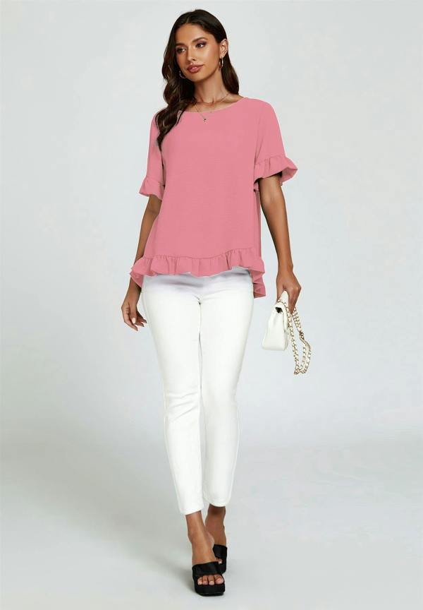 FS Collection Frill Detail Short Sleeves Top In Powder