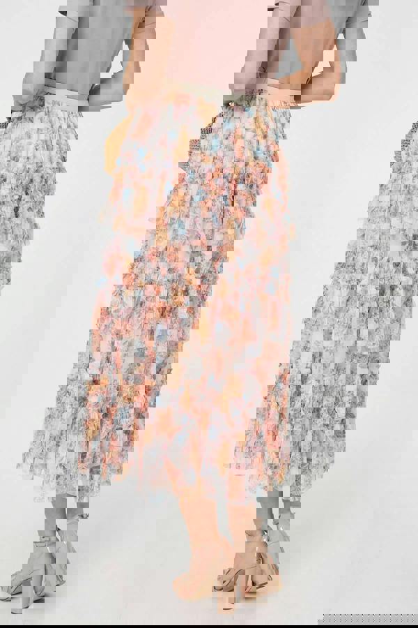 Pink | Floral Ruffled High Waist Midi Skirt