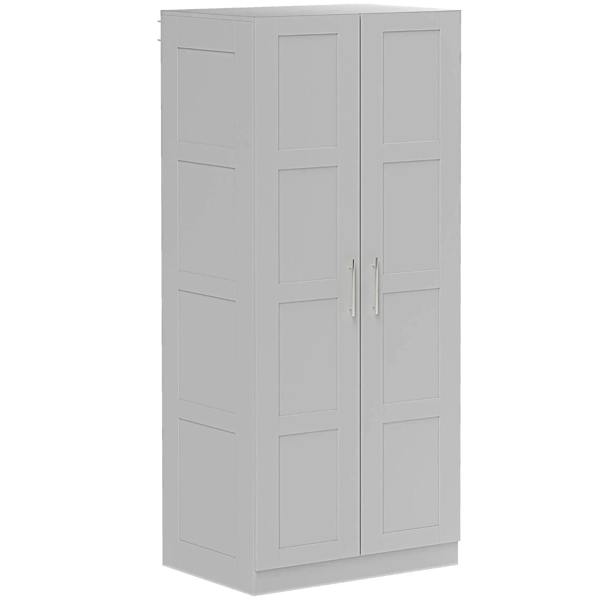 Grey double-door wardrobe with paneled doors and two silver metal handles