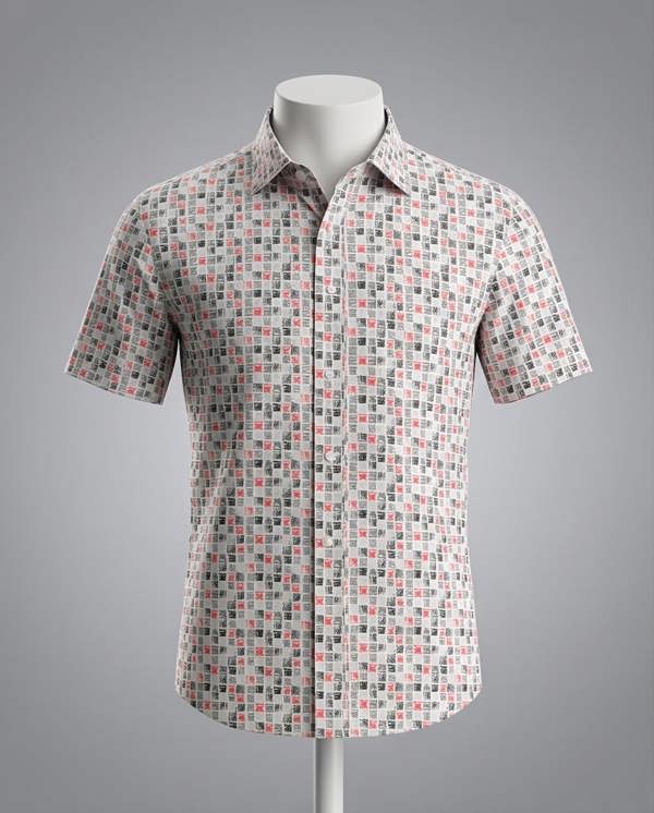 Pamoni Textured Grid Print Short-Sleeve Cotton Shirt