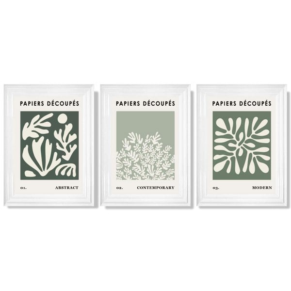 Matisse Floral Set of 3 in Green and Sage Framed Art Prints with Glossy White Frames