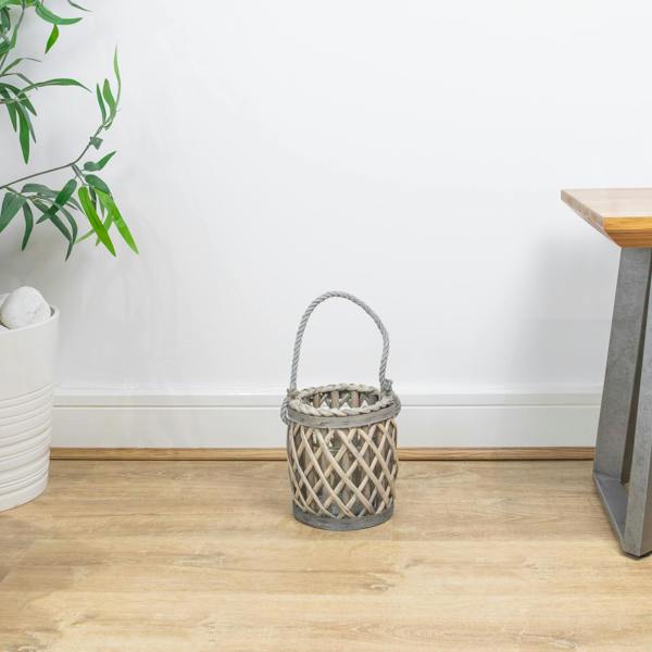 JVL Luna Natural Willow Wood Lantern With Braided Rope Handle, Grey Wash