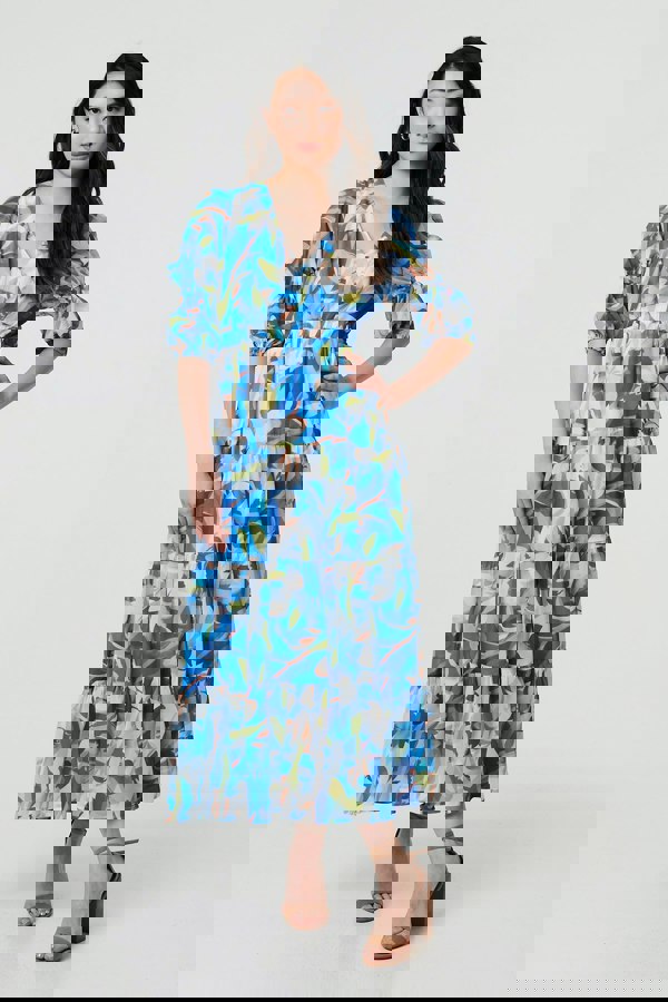 Blue | Abstract 3/4 Puff Sleeve Tiered Maxi Dress

