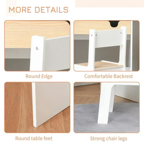 White kids desk and chair set detail: rounded edges and sturdy legs with backrest