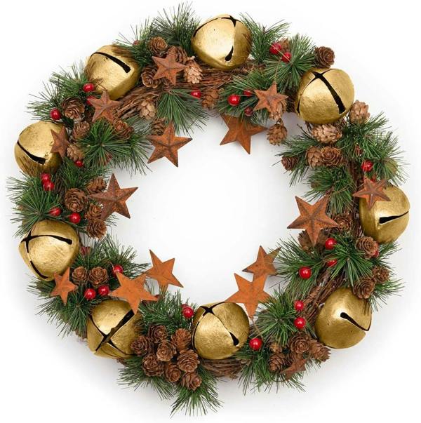 40cm Green Christmas Wreath with Bells and Stars for Indoor or Sheltered Outdoor Display image 1