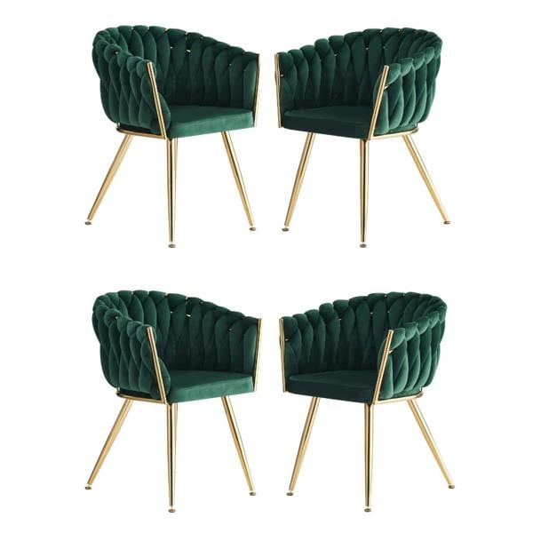 Life Interiors Set of 4 Roma Knot Velvet Armchairs with Gold Metal Legs, Modern Tufted Design for Living Room