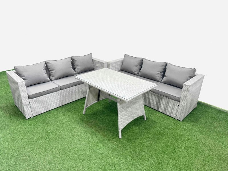 Fimous Rattan Garden Furniture Dining Set 6 seater Patio Rectangular Table 3 Seater Sofa Set Light Grey
