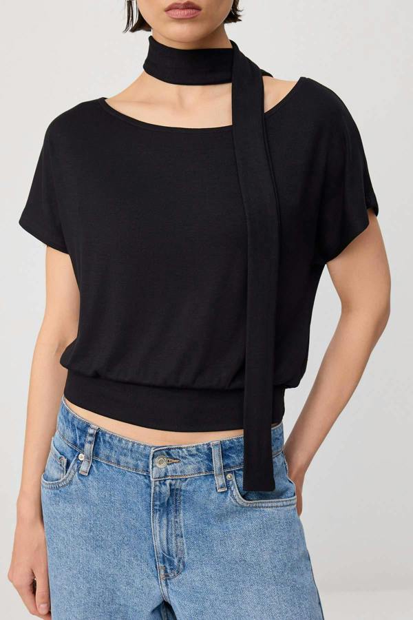 WOVCOR Boat Neck Batwing Sleeve Belted Knit Blouse