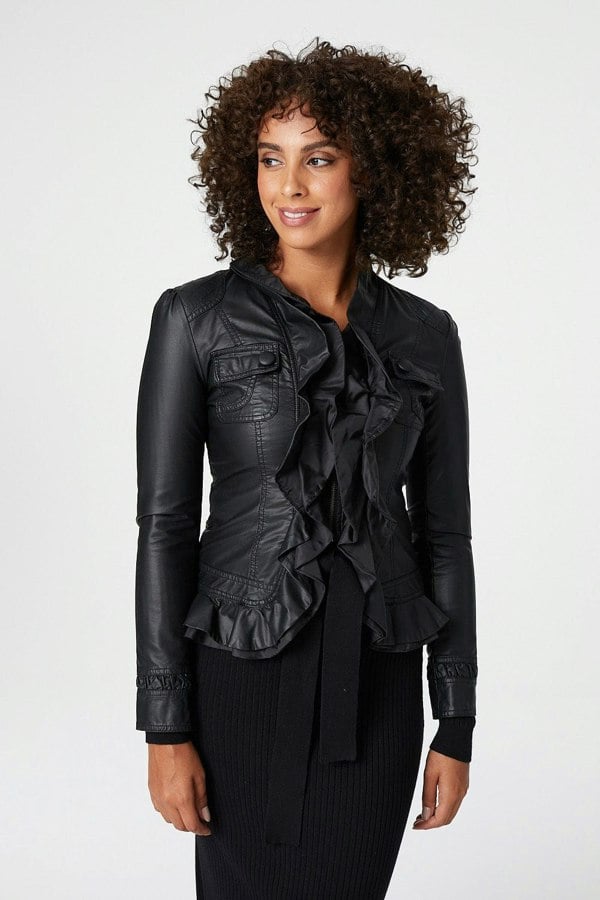 Black | Frilled Front Faux Leather Jacket