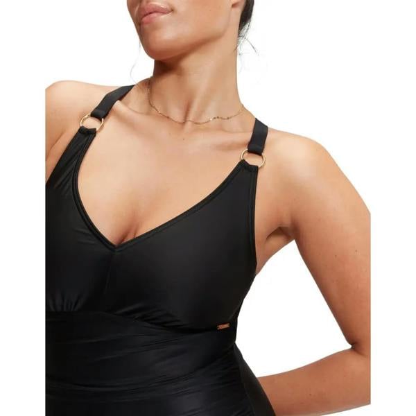 Speedo shaping v neck swimsuit in black with gold hardware and removable bra pads
