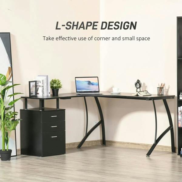 Black L-shaped desk with storage drawer and arched legs, corner layout