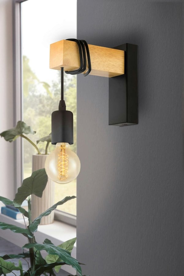 EGLO Townshend Black Metal And Natural Wood Wall Light - Vintage Industrial Style (D) 21.5cm