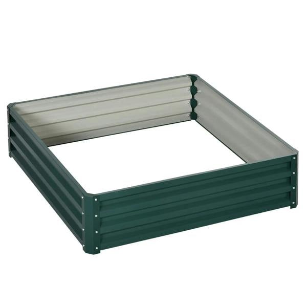 Green square raised garden bed with weatherized steel frame and open-top slatted sides