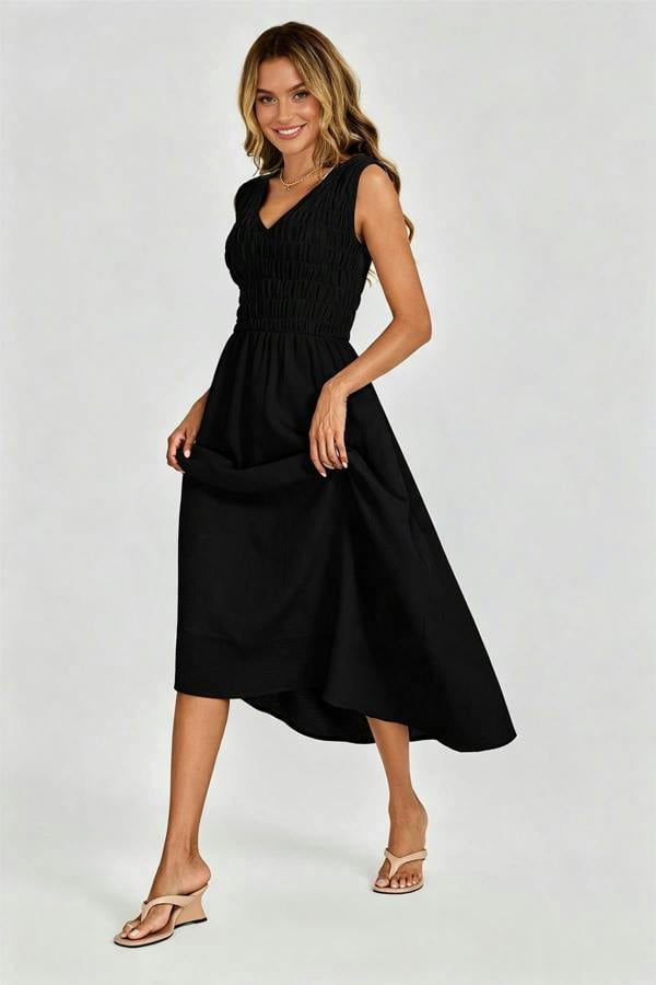 FS Collection Shirred Midi Dress with Sleeveless V-Neck In Black