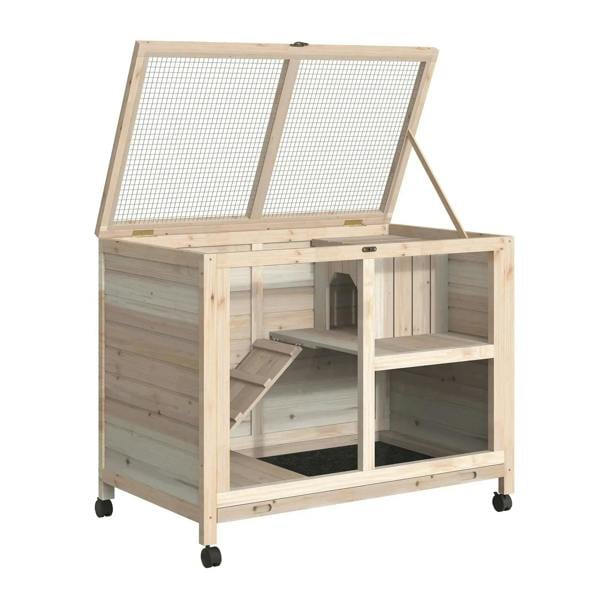 Two-tier indoor wooden hutch with openable roof and mesh panels, ramp, caster wheels