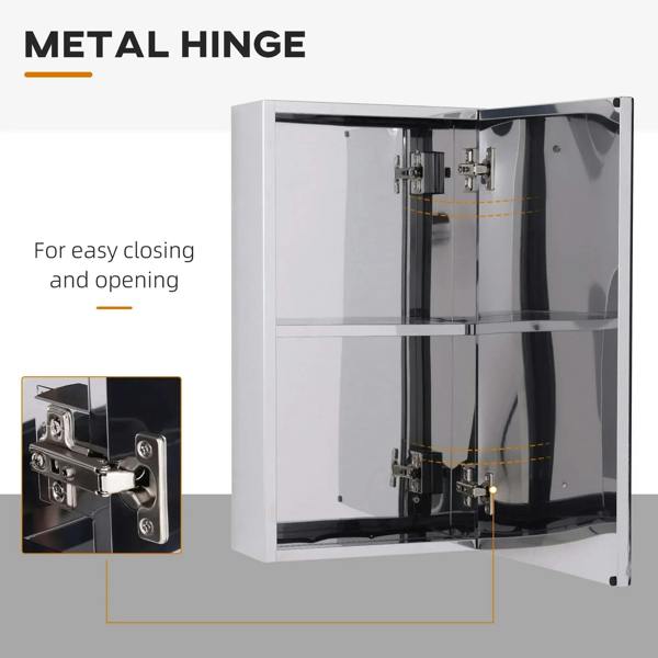 Mirror storage cabinet showing metal hinge mechanism and glass interior shelves