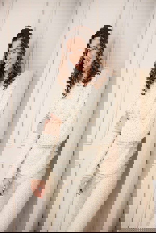 Camille Womens Cream Supersoft Fleece Textured Woven Pattern Pyjama Set