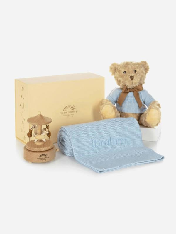 The Baby Gifting Company Blue Musical Pony Carousel Personalised Gift Set