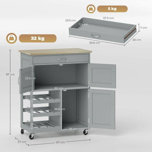 Wyld Haus Lehari Grey Wooden Rolling Kitchen Island With Drawer Wine Rack Door Cabinets And Natural Wood Top