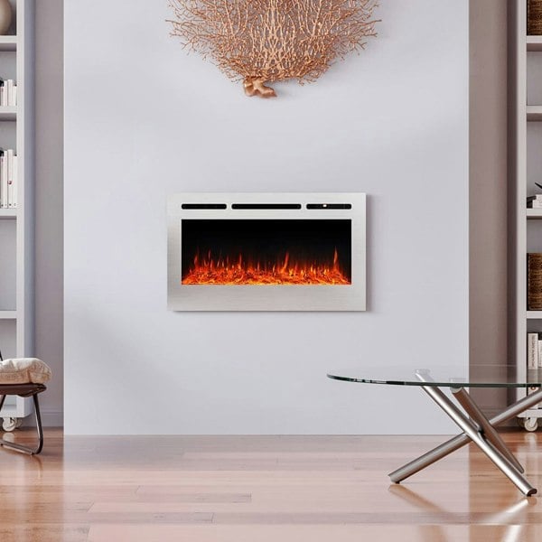 Silver 2kW Electric Fireplace 12 Flame Colour Recessed Fire with 2 Heat Settings Wall Mounted Fires Living and Home