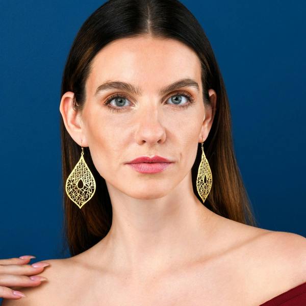 namana Gold Large Leaf Shaped Teardrop Dangle Earrings for Women