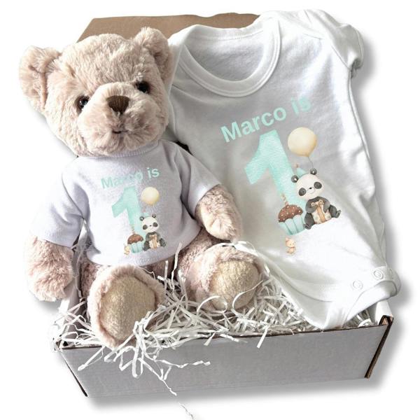 Personalised Boys 1st Birthday Panda Gift Hamper Baby Gift Box - Teddy & Vest