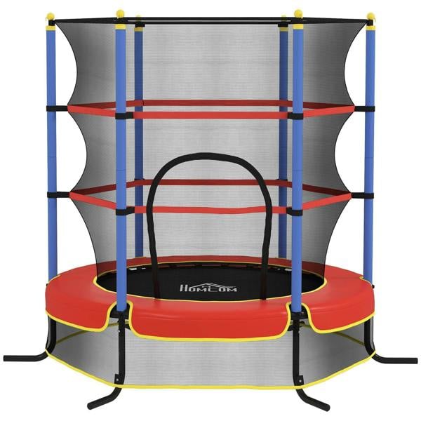 Kids trampoline with safety net, blue poles, red padding and circular jumping mat