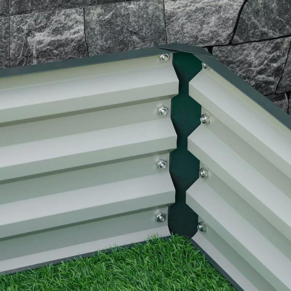Green raised garden bed corner with slatted sidewalls and multiple attached support screws