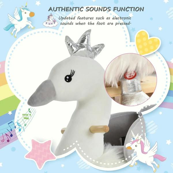 Plush white swan rocker with grey seat, silver crown ears, and wood rockers