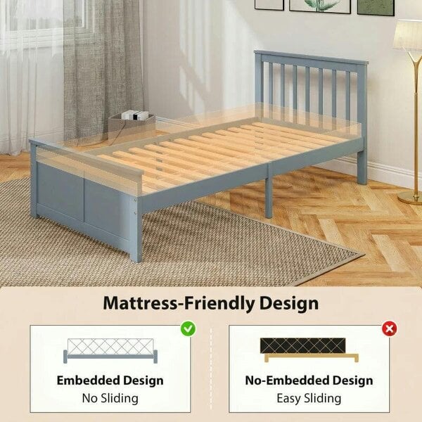 Pine Storage Bed, 3ft Single Solid Wooden Bed Frame with Drawers, Headboard, Wood Slat Support, Grey