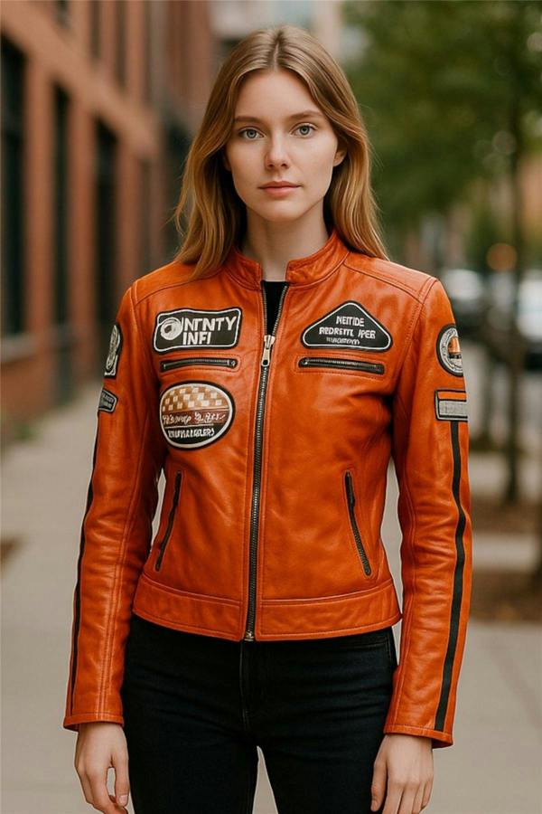 Infinity Leather Womens Leather Biker Racing Badges Jacket-Agadir