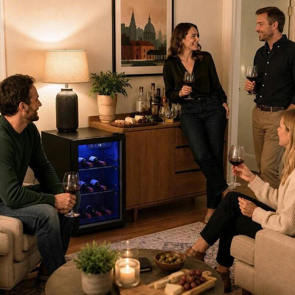 16 Bottle Wine Cooler, 48 Litre Capacity, 4-16°C Tabletop Counter Drinks Wine Fridge with Glass Door, LED Light, Black - Black