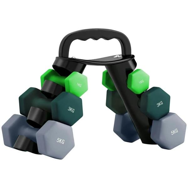 Hex rubber dumbbells set with storage rack, green and grey