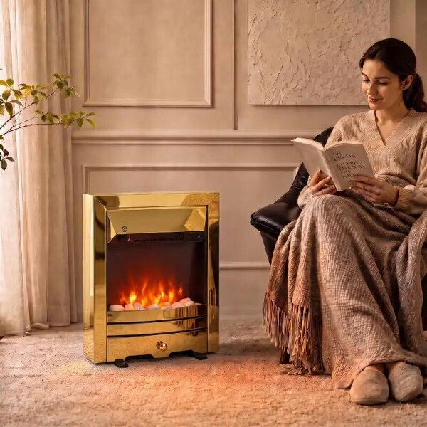 Electric Fireplace Stove Freestanding/Inset, 2000W, Electric Fire with LED Flame, Pebbles, Adjustable Thermostat, Gold - Gold Tone