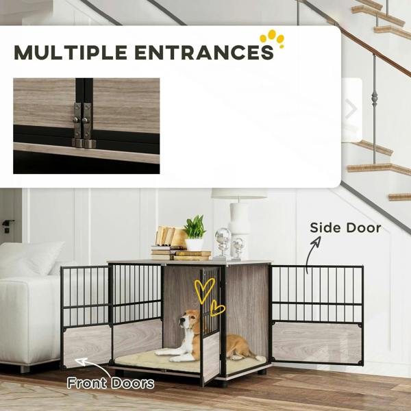 Dog crate end table showing front door openings and side door panel in dark metal
