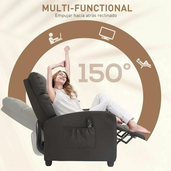 Brown faux leather push-back recliner armchair with adjustable leg rest