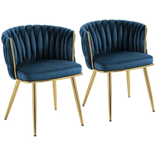 Bobobiy Velvet-Feel Dining Chairs Set of 2, Modern Upholstered Armchair with Knot Design and Golden Metal Legs, Accent Chair, Dark Blue