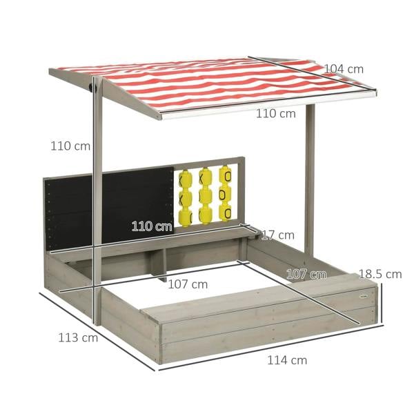 Grey wooden sandpit with adjustable canopy and side board game panels