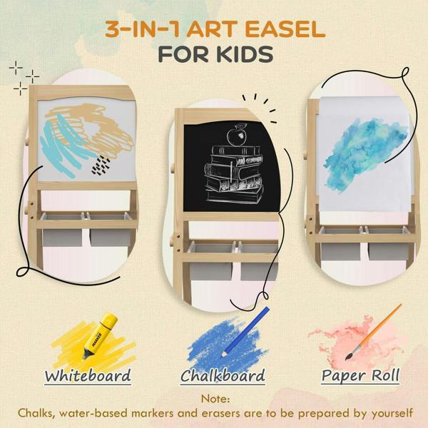 Kids wooden 3-in-1 art easel with whiteboard, chalkboard, and paper-roll panel