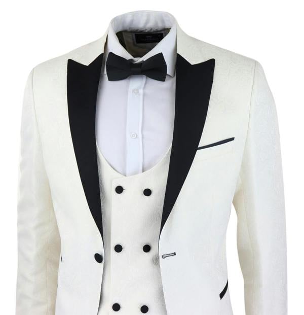 TruClothing Mens Beige Tuxedo Blazer Waistcoat Brocade Ivory Satin Paisley Dinner Jacket