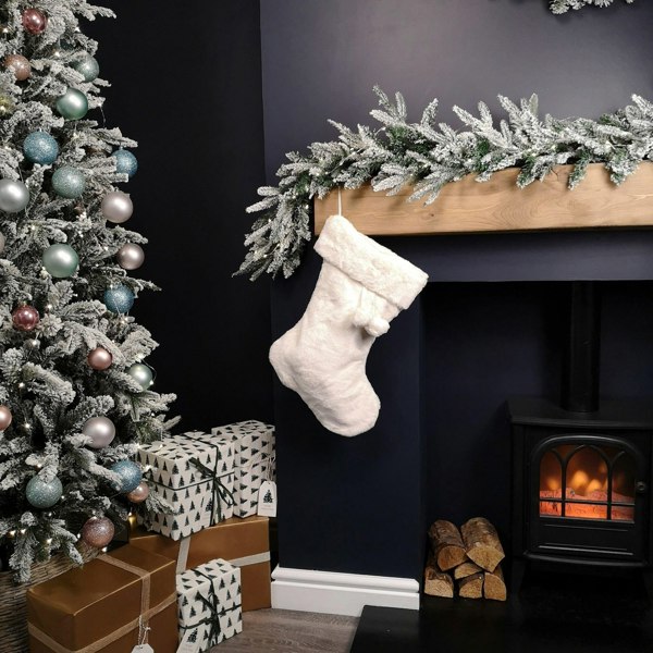 Samuel Alexander 50cm Winter White Faux Fur Hanging Christmas Stocking with Pom Poms