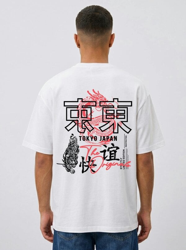 London Attitude Tokyo Dragon Oversized Heavyweight Cotton White T-Shirt