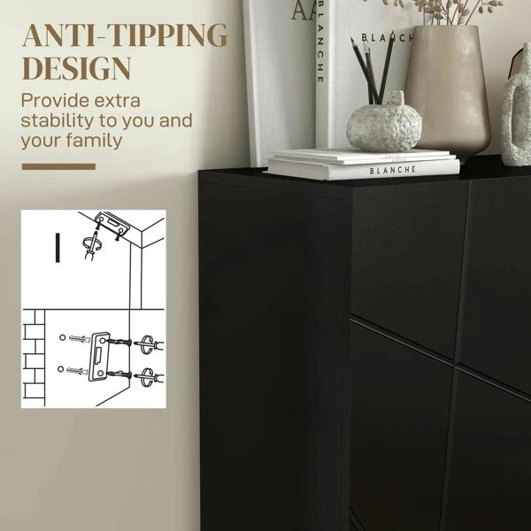 Black shoe cabinet corner with anti-tip bracket hardware on the side