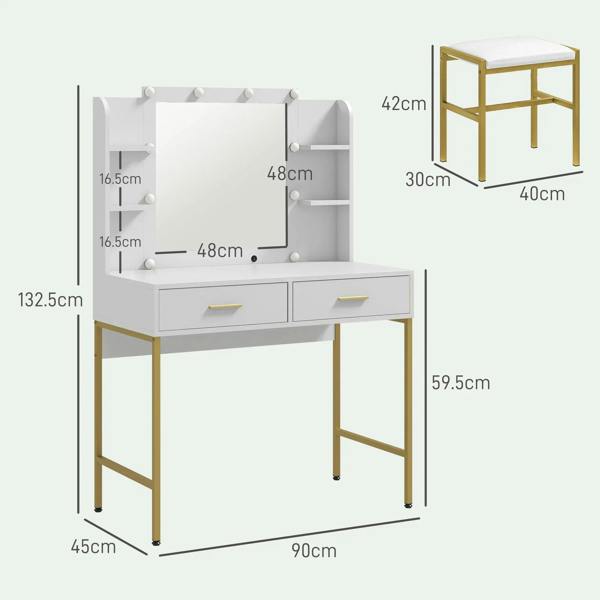 White vanity table with lighted mirror, drawers, and gold-frame cushioned stool (dimensions)