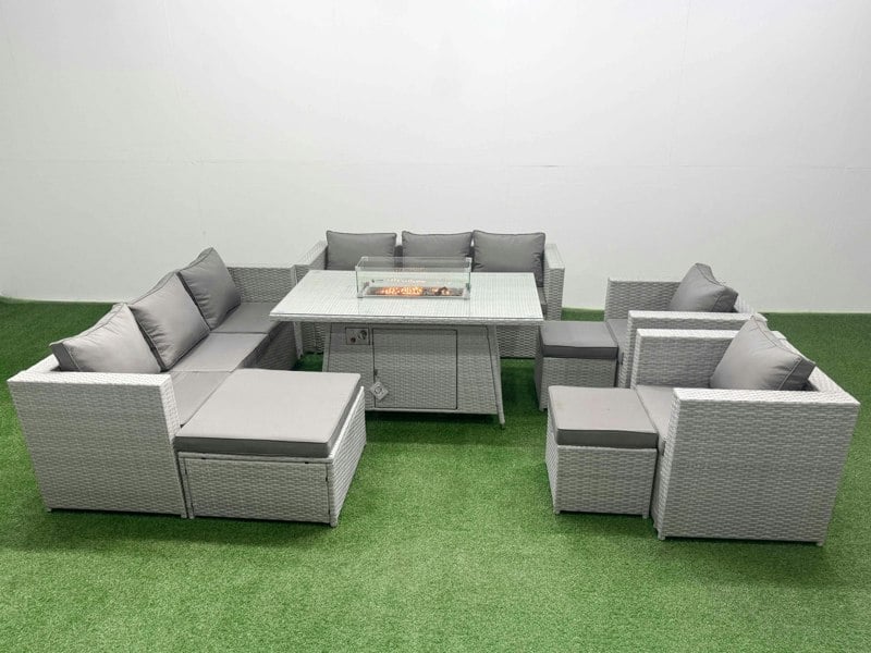 Fimous 11 Seat PE Rattan Lounge Sofa Set Outdoor Garden Furniture Set with Fire Pit Dining Table 3 Seater Sofa 3 Footstools Light Grey