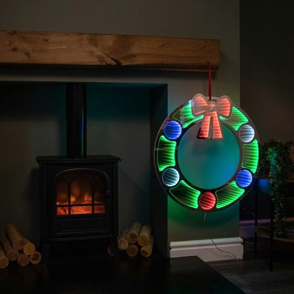Samuel Alexander 60cm Light up Hanging Christmas Wreath Infinity Mirror with Multi-Coloured LEDs