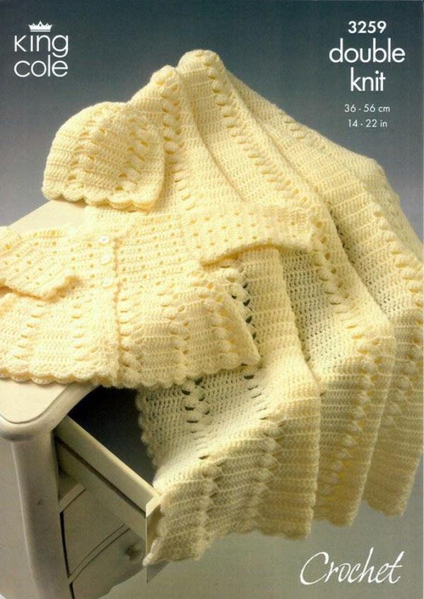 King Cole Comfort Crochet Pattern 3259, Coats, Headwear, Shawls for Baby, 14 - 22 Inches - Intermediate