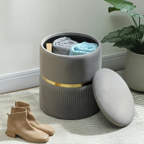 Wyld Haus Rivera Velvet Light Grey Ribbed Storage Ottoman Gold Accent