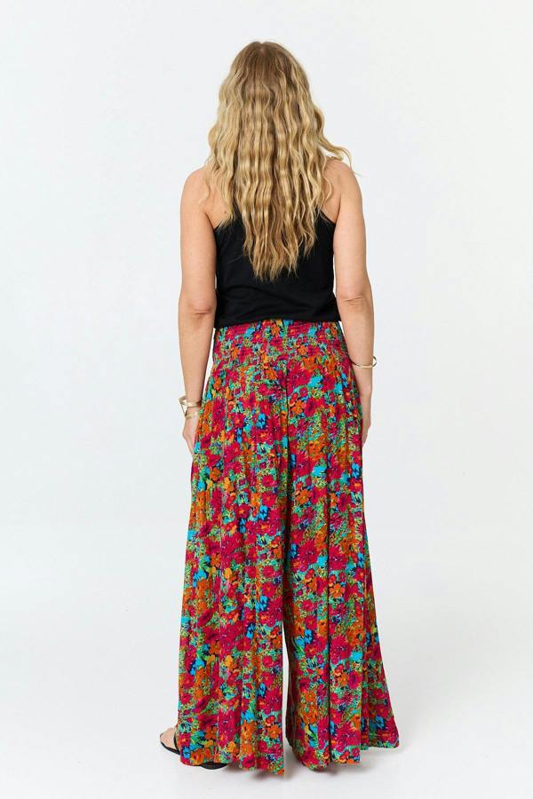 Red | Floral Wide Shirred High Waist Trousers