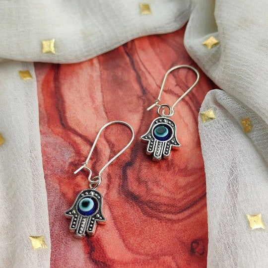 The Colourful Aura Long Silver Evil Eye Dainty Fatima Hand Hamsa Huggie Latch Back Boho Earrings